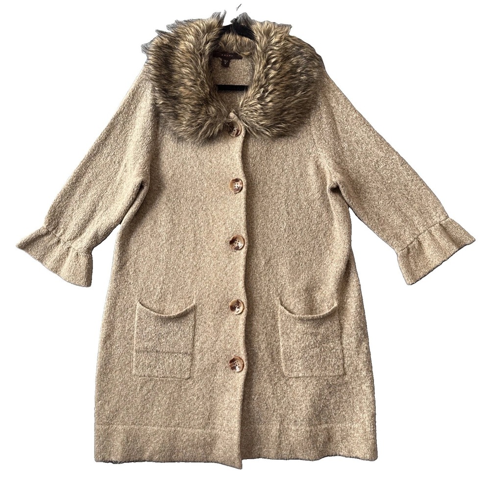 Whimsigoth Boho Knit Long Cardigan Jacket Faux Fur Trim Collar Ruffle Sleeve 1X